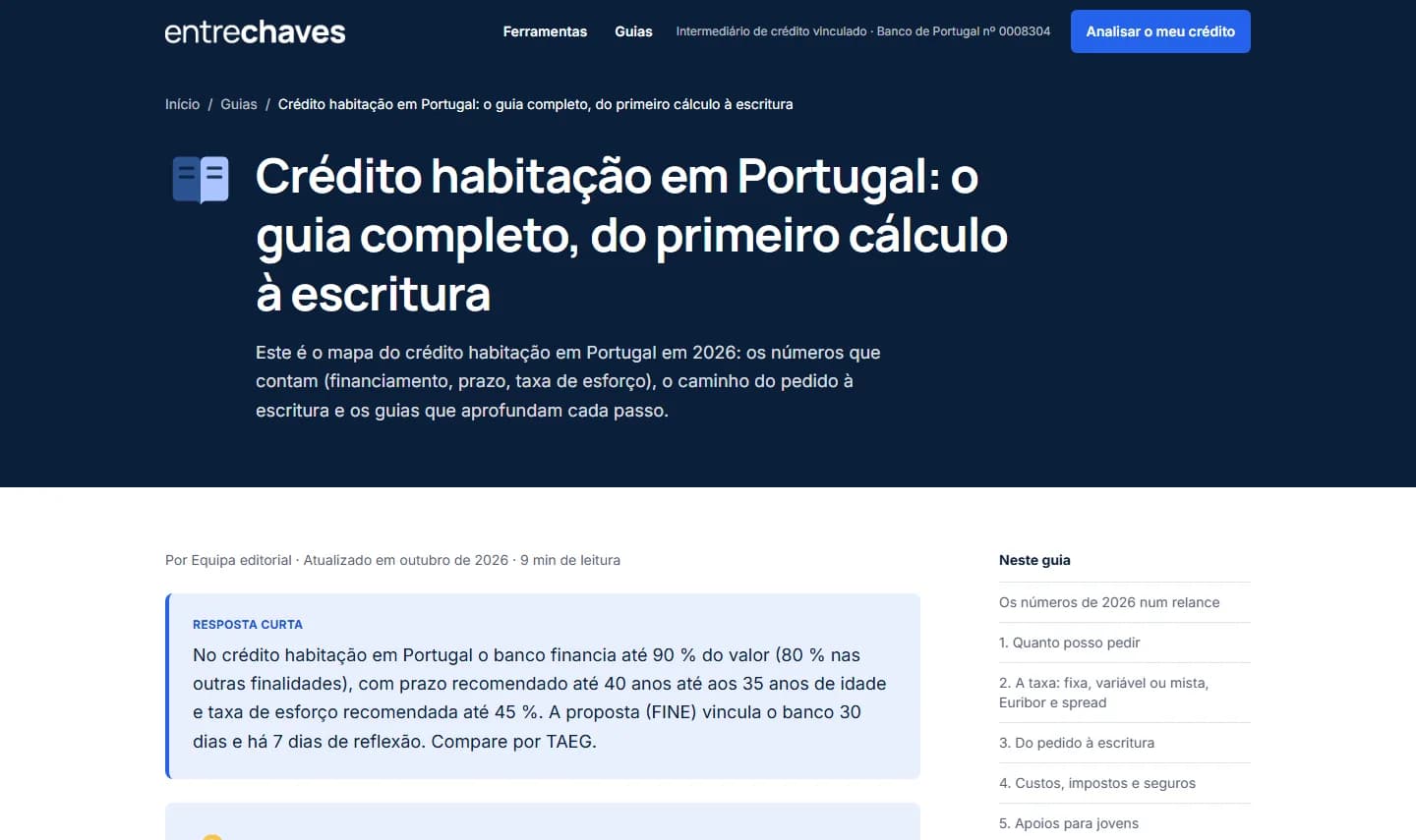Guía de Entre Chaves sobre el crédito hipotecario en Portugal, con una respuesta corta y un índice
