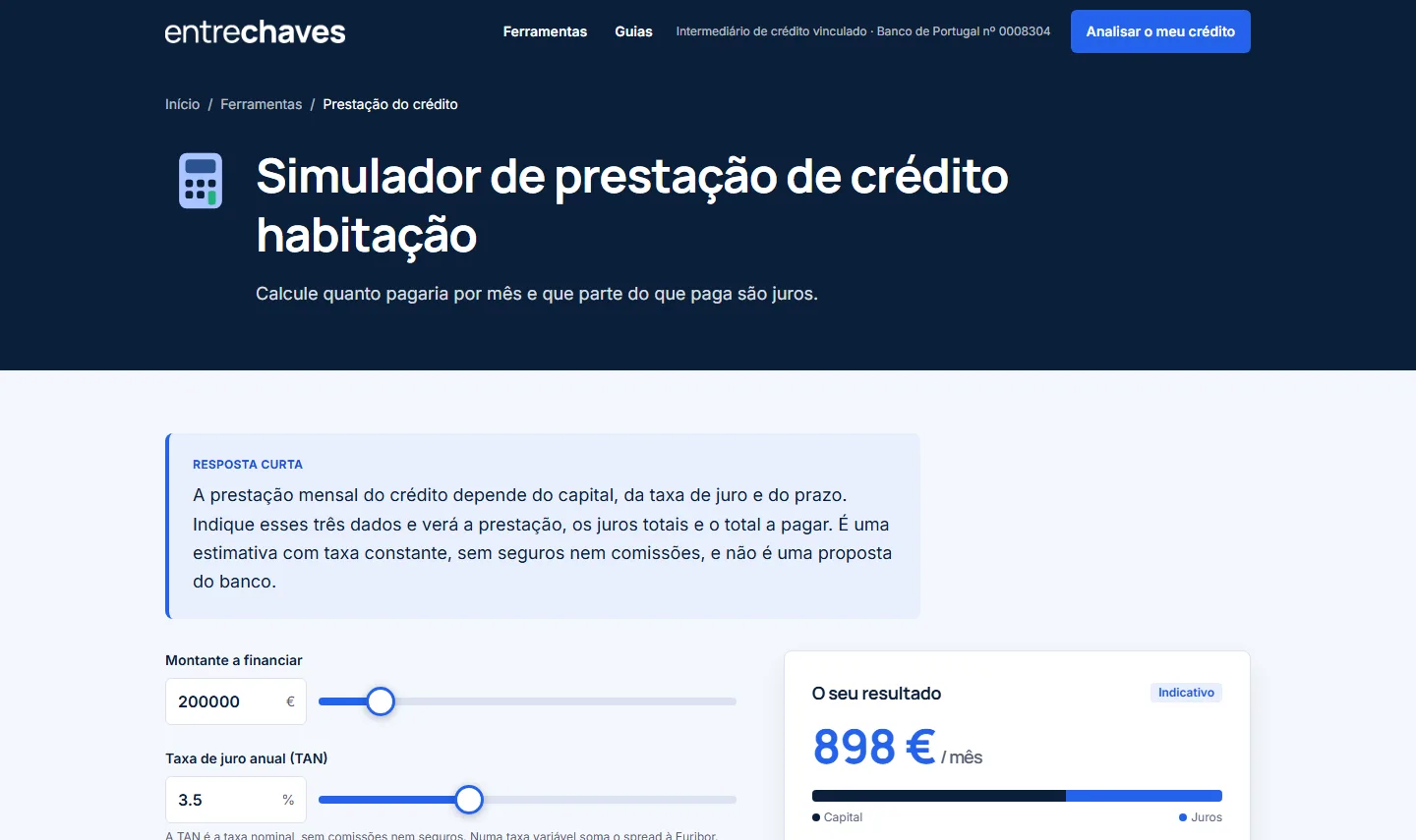 Simulador de cuota mensual de Entre Chaves con controles deslizantes de importe y tipo de interés