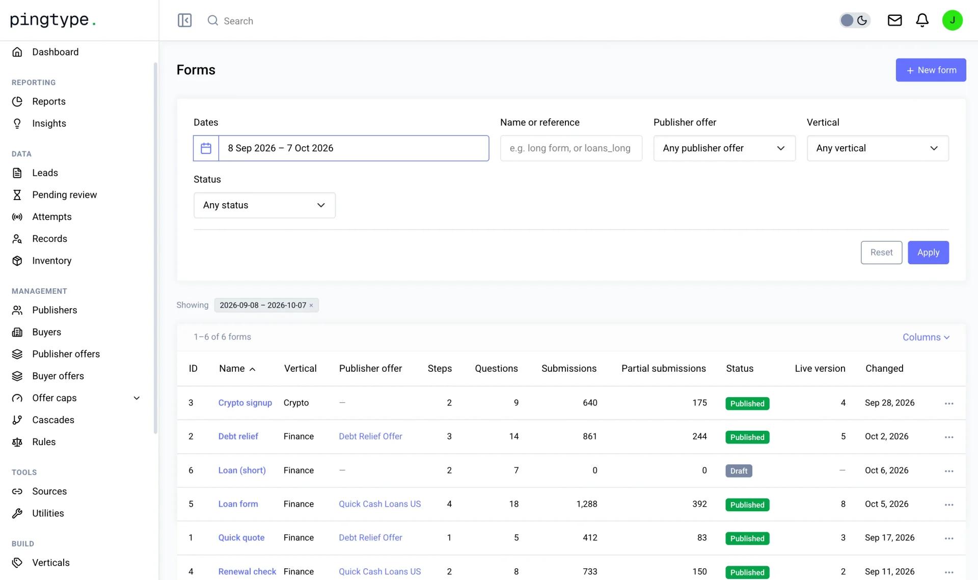 pingtype Forms list showing steps, questions, submissions and status