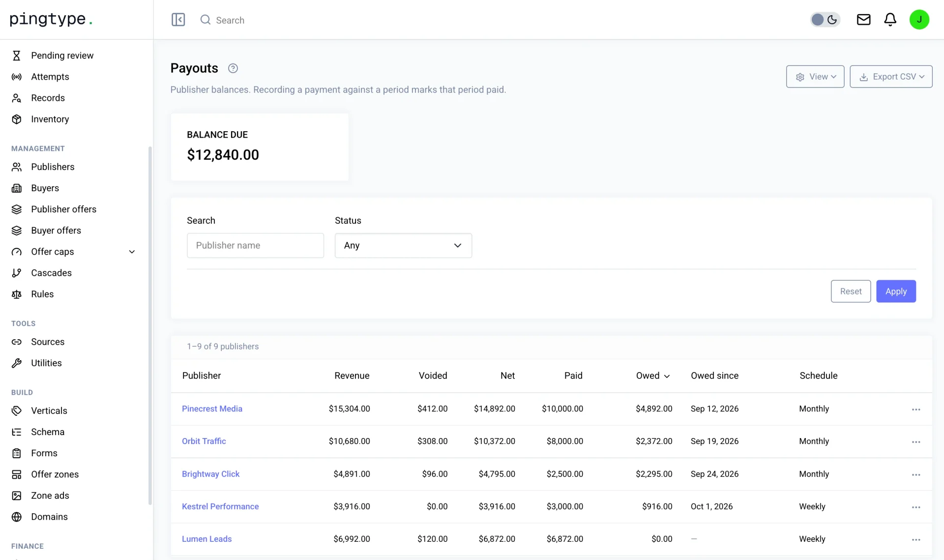 pingtype payouts showing what each publisher is owed